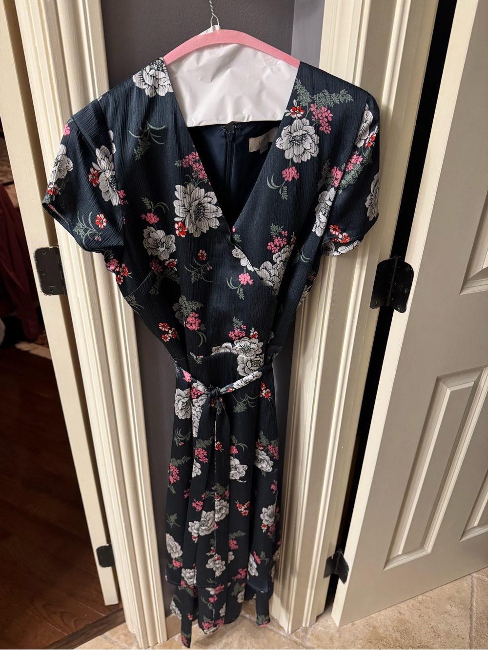 LOFT Black Floral Wrap Midi Dress with Pink & White Blooms